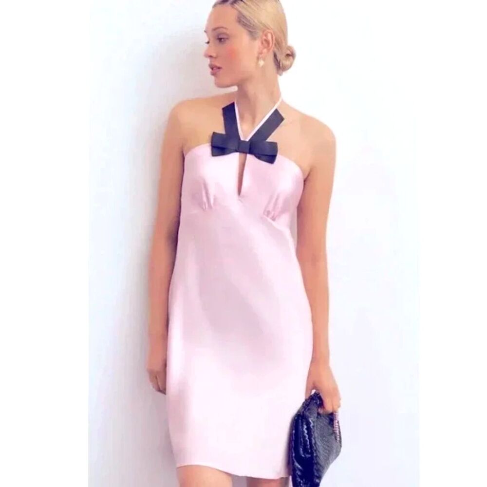 Anthropologie Bow Pastel Candy Pink Satin Halter Slip Mini Dress Size M NWT